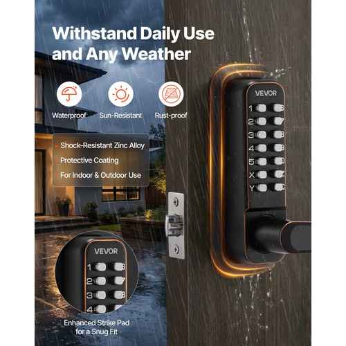 Μηχανική κλειδαριά εισόδου χωρίς κλειδί VEVOR, αναβάθμιση κωδικού 2.0, κωδικός 4-7 ψηφίων, κλειδαριά πόρτας με πληκτρολόγιο μονής όψης και λαβή, αυτόματο κλείδωμα, για εσωτερικό ή εξωτερικό χώρο, μπρούντζος με τριβή λαδιού