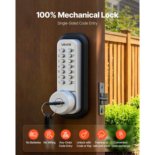 Μηχανική κλειδαριά εισόδου χωρίς κλειδί VEVOR, αναβάθμιση κωδικού 2.0, κωδικός 4-7 ψηφίων, μηχανικό πληκτρολόγιο με συνδυασμό κουμπιών μονής όψης, αυτόματο κλείδωμα, για πύλες κήπου, εσωτερικού ή εξωτερικού χώρου, ασημί