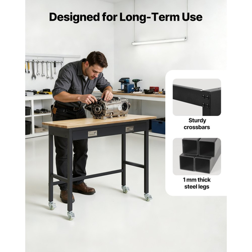 Πάγκος εργασίας VEVOR 1220 mm, χωρητικότητα φορτίου 680 kg, πάγκος εργασίας γκαράζ με συρτάρι και ρόδες, πάγκος εργαστηρίου με ρόδες, βαρέως τύπου τραπέζι εργασίας από ξύλο βελανιδιάς για γκαράζ, εργαστήριο, γραφείο και σπίτι