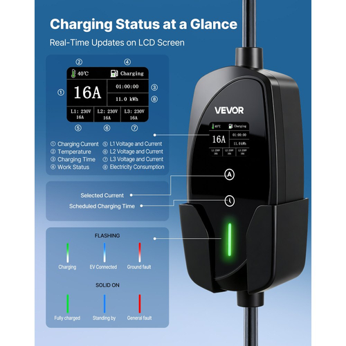 Φορητός επιτοίχιος φορτιστής VEVOR, 11 kW 16A, Φορητός φορτιστής ηλεκτρικού οχήματος τύπου 2, Τριφασικός φορτιστής ηλεκτρικού οχήματος αυτοκινήτου με καλώδιο φόρτισης 8 μέτρων, βύσμα CEE16, οθόνη LCD, ρυθμιζόμενος σταθμός φόρτισης ηλεκτρικού οχήματος, κιβώτιο ελέγχου IP66