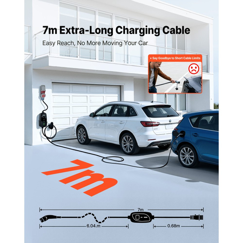 Φορητός επιτοίχιος φορτιστής VEVOR, 22 kW 32A, Φορητός φορτιστής ηλεκτρικού οχήματος τύπου 2, Τριφασικός φορτιστής ηλεκτρικού οχήματος αυτοκινήτου με καλώδιο φόρτισης 7 μέτρων, βύσμα CEE32, οθόνη LCD, ρυθμιζόμενος σταθμός φόρτισης ηλεκτρικού οχήματος, κιβώτιο ελέγχου IP66