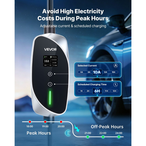 Φορητός επιτοίχιος φορτιστής VEVOR, 3,6 kW 16A, Φορητός φορτιστής ηλεκτρικού οχήματος τύπου 2, Μονοφασικός φορτιστής αυτοκινήτου ηλεκτρικού οχήματος με καλώδιο φόρτισης 6 μέτρων, βύσμα Schuko16A, οθόνη LCD, ρυθμιζόμενος σταθμός φόρτισης ηλεκτρικού οχήματος, κιβώτιο ελέγχου IP66