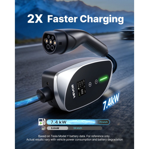 Φορητός επιτοίχιος φορτιστής VEVOR, 7,4 kW 32A, Φορητός φορτιστής ηλεκτρικού οχήματος τύπου 2, Μονοφασικός φορτιστής αυτοκινήτου ηλεκτρικού οχήματος με καλώδιο φόρτισης 6 μέτρων, βύσμα CEE, οθόνη LCD, ρυθμιζόμενος σταθμός φόρτισης ηλεκτρικού οχήματος, κιβώτιο ελέγχου IP66