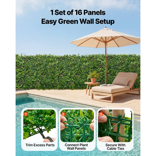 Τεχνητό τοίχο φυτών VEVOR, 16 τεμάχια τεχνητά πάνελ πυξαριού 50,8 x 50,8 cm, προστασία από τον ήλιο, φόντο πρασίνου, φράχτης προστασίας από τον ήλιο, οθόνη τοίχου με ψεύτικο γρασίδι για γάμο, εσωτερικό, εξωτερικό κήπο, αυλή