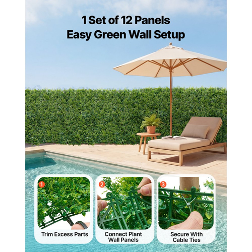 Τεχνητό τοίχο φυτών VEVOR, 12 τεμάχια τεχνητά πάνελ πυξαριού 50,8 x 50,8 cm, προστασία από τον ήλιο, φόντο πρασίνου, φράχτης προστασίας από τον ήλιο, ψεύτικο γρασίδι για γάμο, εσωτερικός, εξωτερικός κήπος, αυλή