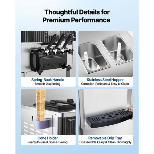 Επαγγελματική μηχανή παγωτού VEVOR, απόδοση 20-28 λίτρα/ώρα, ανεξάρτητη παγωτομηχανή soft serve 2200W 3 γεύσεων με 2 χοάνες των 6 λίτρων και ανακίνηση χοάνης, αυτοκαθαριζόμενος με πρόψυξη για καταστήματα σνακ και επιδόρπια