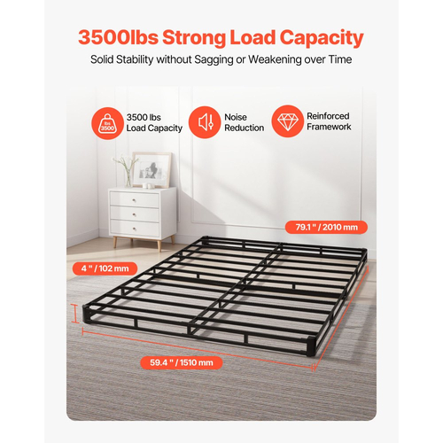 VEVOR Κουτί με ελατήρια, Σκελετός κρεβατιού Queen Size με πλενόμενο ύφασμα, Μεταλλικός σκελετός βαρέως τύπου για κρεβάτι Queen Size, Βάση στρώματος 102 mm, Μέγιστη χωρητικότητα βάρους 1587,57 kg, Εύκολη συναρμολόγηση, 2010 x 1510 x 102 mm