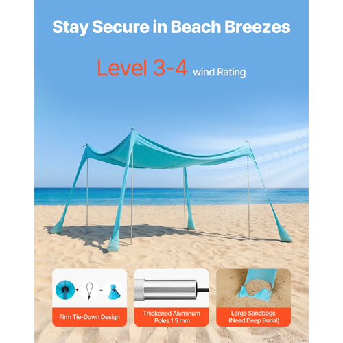 Σκηνή παραλίας VEVOR, προστασία από τον ήλιο UPF50+, ύψος 2 μ., 3 x 3 μ., εύκολα αναδιπλούμενο στέγαστρο παραλίας με σακούλες άμμου, μπατόν σταθερότητας, φτυάρια άμμου, φορητό σκίαστρο για οικογενειακές εξόδους, εκδρομές κάμπινγκ, ψάρεμα