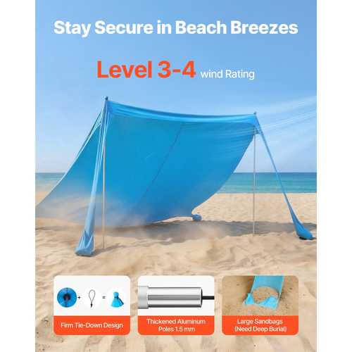 Σκηνή παραλίας VEVOR, προστασία από τον ήλιο UPF50+, ύψος 2 μ., 3,4 x 3,4 μ., εύκολα αναδιπλούμενο στέγαστρο παραλίας με σακούλες άμμου, μπατόν σταθερότητας, φτυάρια άμμου, φορητό σκίαστρο για οικογενειακές εξόδους, κάμπινγκ, ψάρεμα