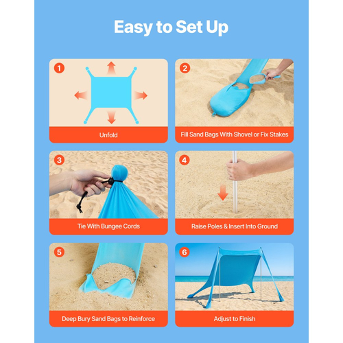 Σκηνή παραλίας VEVOR, προστασία από τον ήλιο UPF50+, ύψος 2 μ., 3,4 x 3,4 μ., εύκολα αναδιπλούμενο στέγαστρο παραλίας με σακούλες άμμου, μπατόν σταθερότητας, φτυάρια άμμου, φορητό σκίαστρο για οικογενειακές εξόδους, κάμπινγκ, ψάρεμα