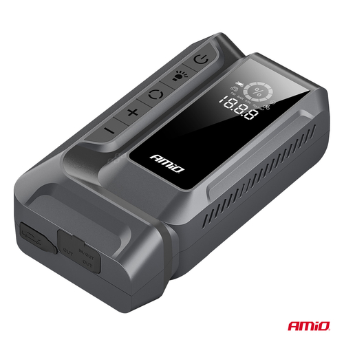 Amio - Φορητός Εκκινητής Μπαταρίας (Jump Starter) 4 σε 1 με ενσωματωμένο Κομπρεσέρ Αέρα, Powerbank και Φακό LED τάση λειτουργίας 12V με χωρητικότητα 12Ah και μέγιστο ρεύμα εκκίνησης 1600A για Επιβατικά Αυτοκίνητα - 1 τεμ. (04677/AM)