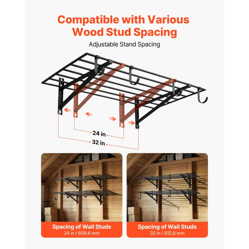 Ράφια τοίχου γκαράζ VEVOR 2 επιπέδων βαρέως τύπου, ατσάλινη μονάδα ραφιών τοίχου 61 x 122 cm με γάντζους, μεταλλική πλωτή βάση αποθήκευσης 610 x 1219 mm ανά ράφι με συνολική χωρητικότητα βάρους 235 kg, μαύρη