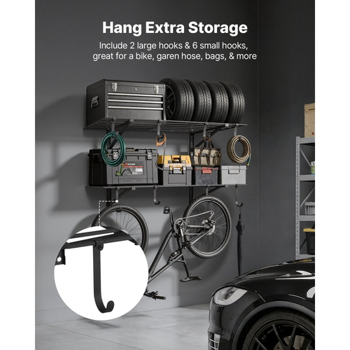 Ράφια τοίχου γκαράζ VEVOR 2 επιπέδων βαρέως τύπου, ατσάλινη μονάδα ραφιών τοίχου 61 x 122 cm με γάντζους, μεταλλική πλωτή βάση αποθήκευσης 610 x 1219 mm ανά ράφι με συνολική χωρητικότητα βάρους 235 kg, μαύρη