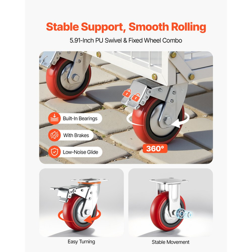 Καρότσι πλατφόρμας VEVOR με κλουβί, χωρητικότητα 907,18 kg, πτυσσόμενο καρότσι 6 σε 1 με περιστρεφόμενους τροχούς, βαρέως τύπου χειροκίνητο καρότσι, πολυλειτουργικό καρότσι ώθησης, για πλυντήριο παντοπωλείων, 1130 x 675 x 1070 mm