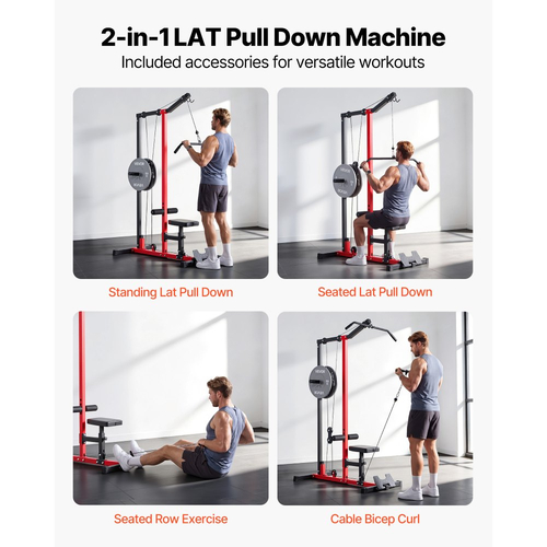 Μηχανή VEVOR LAT Pull Down, Μηχανή καλωδίωσης κωπηλατικής 2 σε 1, Μηχανήματα καλωδίωσης για οικιακή γυμναστική με ρυθμιζόμενο κάθισμα 3 επιπέδων, Ρυθμιζόμενος κύλινδρος αφρού 4 επιπέδων, Φορτίο 227kg Lat Tower για πλάτη, στήθος, τρικέφαλο, μαύρο κόκκινο