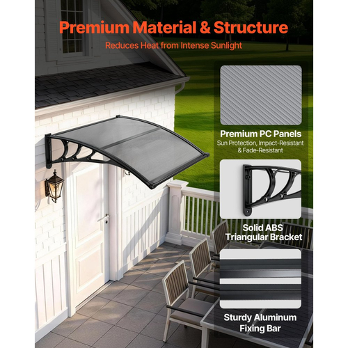 Τέντες VEVOR για Πόρτα Είσοδο, 38 x 40 ίντσες, Τέντες Εξωτερικής Μπροστινής Πόρτας-Παραθύρου με Αποχέτευση & Βάση ABS, Προστασία από Βροχή, Χιόνι, Αντηλιακή Προστασία, Προεξέχον Πολυανθρακικό Στέγαστρο Πόρτας για Βεράντα, Καπνιστό Γκρι