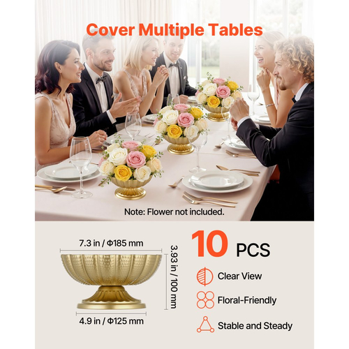 Βάζο λουλουδιών γάμου VEVOR 10 τεμαχίων, κεντρικά διακοσμητικά μίνι λουλουδιών ύψους 12 cm, μικρό διακοσμητικό μπολ με λουλούδια, εύκολη εγκατάσταση, ευέλικτη βάση για πάρτι, διακόσμηση σπιτιού, δεξίωση, χρυσό