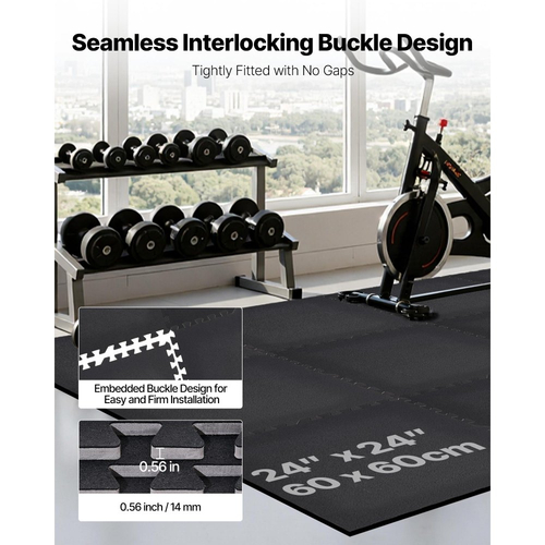 Χαλί άσκησης παζλ VEVOR, 12 τεμάχια χαλάκια γυμναστικής, 610 x 610 x 14 mm, Σετ χαλιών γυμναστικής από αφρό EVA υψηλής πυκνότητας, μαλακά πλακάκια από καουτσούκ που αλληλοσυνδέονται, προστατευτική επένδυση δαπέδου για σπίτι, γυμναστήριο, γραφείο, μαύρο