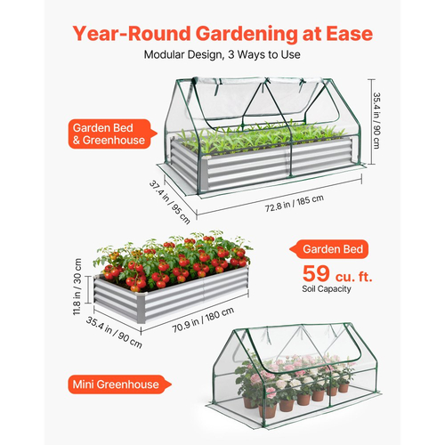 VEVOR Υπερυψωμένο Παρτέρι Κήπου με Κάλυμμα, 1800 x 900 x 300 mm, Ορθογώνιο Γαλβανισμένο Μεταλλικό Κουτί Γλάστρας Εξωτερικού Χώρου, με Κάλυμμα Θερμοκηπίου PE & Γάντια, Ανθεκτικό στη Σκουριά Alu-Zinc, για Καλλιέργεια Λουλουδιών και Λαχανικών, Ασημί