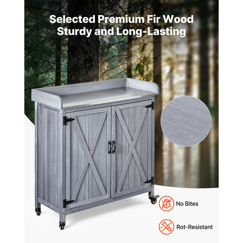 Τραπέζι VEVOR Potting, Ξύλινο ντουλάπι αποθήκευσης εξωτερικού χώρου κηπουρικής με επιφάνεια από γαλβανισμένο σίδερο 91,5 x 40,5 cm, Σταθμός εργασίας κήπου με μεγάλο χώρο αποθήκευσης, 4 ροδάκια για βεράντα, πίσω αυλή, γκρι