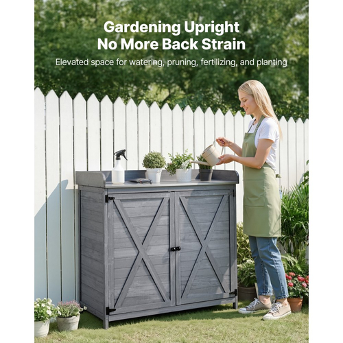 Τραπέζι VEVOR Potting, Ξύλινο ντουλάπι αποθήκευσης εξωτερικού χώρου κηπουρικής με ξύλινη επιφάνεια 98 x 48 cm, Σταθμός εργασίας φύτευσης κήπου με μεγάλο χώρο αποθήκευσης για βεράντα, πίσω αυλή, γκρι