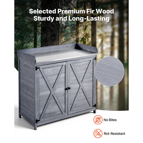 Τραπέζι VEVOR Potting, Ξύλινο ντουλάπι αποθήκευσης εξωτερικού χώρου κηπουρικής με ξύλινη επιφάνεια 98 x 48 cm, Σταθμός εργασίας φύτευσης κήπου με μεγάλο χώρο αποθήκευσης για βεράντα, πίσω αυλή, γκρι