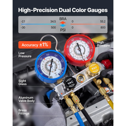 Σετ μετρητών πολλαπλής AC VEVOR για ψυκτικά μέσα R22 R404A R410A R12, 4 κατευθύνσεις μετρητών AC με σωλήνες 1,5 m για συντήρηση, εκκένωση, φόρτιση και ανάκτηση κλιματισμού αυτοκινήτων και οικιακών συσκευών