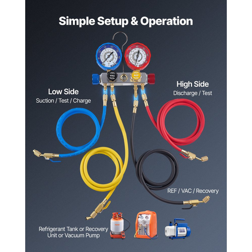 Σετ μετρητών πολλαπλής AC VEVOR για ψυκτικά μέσα R22 R404A R410A R12, 4 κατευθύνσεις μετρητών AC με σωλήνες 1,5 m για συντήρηση, εκκένωση, φόρτιση και ανάκτηση κλιματισμού αυτοκινήτων και οικιακών συσκευών