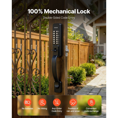 Μηχανική κλειδαριά εισόδου χωρίς κλειδί VEVOR, αναβάθμιση κωδικού 2.0, κωδικός 4-7 ψηφίων, κλειδαριά πόρτας με πληκτρολόγιο διπλής όψης με συνδυασμό κουμπιών και λαβή έλξης, αυτόματο κλείδωμα, για πύλες κήπου, εσωτερικού ή εξωτερικού χώρου