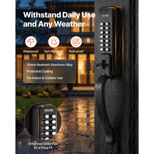 Μηχανική κλειδαριά εισόδου χωρίς κλειδί VEVOR, αναβάθμιση κωδικού 2.0, κωδικός 4-7 ψηφίων, κλειδαριά πόρτας με πληκτρολόγιο διπλής όψης με συνδυασμό κουμπιών και λαβή έλξης, αυτόματο κλείδωμα, για πύλες κήπου, εσωτερικού ή εξωτερικού χώρου