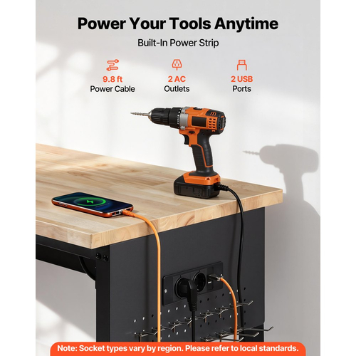 Ρυθμιζόμενος πάγκος εργασίας VEVOR 1524 mm, χωρητικότητα φορτίου 680 kg, πάγκος εργασίας γκαράζ με συρτάρι, πρίζα, ρόδες και σανίδα, βαρέως τύπου τραπέζι εργασίας από ξύλο βελανιδιάς για γκαράζ, εργαστήριο, γραφείο και σπίτι