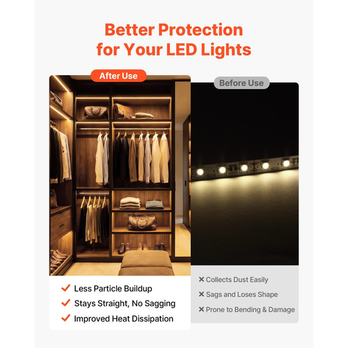 VEVOR 20 τεμάχια, κανάλια αλουμινίου LED σχήματος U 6,6 ft/2M, με γαλακτώδες κάλυμμα, καπάκια και κλιπ στερέωσης, προφίλ αλουμινίου για εγκαταστάσεις λωρίδων LED, εύκολη εγκατάσταση, για κάτω από πάγκο ντουλαπιού