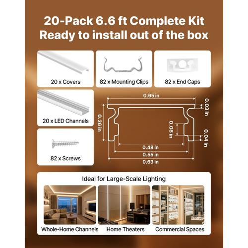 VEVOR 20 τεμάχια, κανάλια αλουμινίου LED σχήματος U 6,6 ft/2M, με γαλακτώδες κάλυμμα, καπάκια και κλιπ στερέωσης, προφίλ αλουμινίου για εγκαταστάσεις λωρίδων LED, εύκολη εγκατάσταση, για κάτω από πάγκο ντουλαπιού