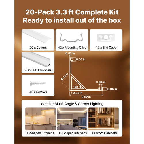 VEVOR 20 τεμάχια καναλιού αλουμινίου LED σχήματος V 3,3 ft/1M, με γαλακτώδες κάλυμμα, καπάκια και κλιπ στερέωσης, προφίλ αλουμινίου για εγκαταστάσεις λωρίδων LED, εύκολη εγκατάσταση, για κάτω από τον πάγκο ντουλαπιού