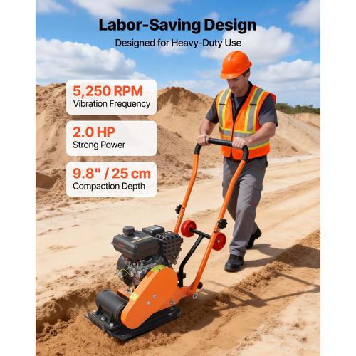 Συμπιεστής πλάκας VEVOR, κινητήρας βενζίνης 2 HP 79CC, δονούμενος κριός εδάφους 5250 VPM, δύναμη συμπύκνωσης 8 kN, πλάκα 41 x 31,5 cm, συμπιεστής με πεζοδρόμιο για διαμόρφωση τοπίου με οδοστρώματα, άσφαλτος, θεμέλια, έδαφος