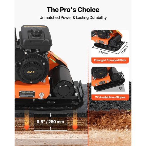 Συμπιεστής πλάκας VEVOR, κινητήρας βενζίνης 2 HP 79CC, δονούμενος κριός εδάφους 5250 VPM, δύναμη συμπύκνωσης 8 kN, πλάκα 41 x 31,5 cm, συμπιεστής με πεζοδρόμιο για διαμόρφωση τοπίου με οδοστρώματα, άσφαλτος, θεμέλια, έδαφος