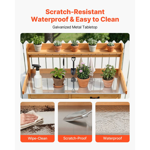 Πάγκος εργασίας VEVOR Potting, Εξωτερικός ξύλινος σταθμός εργασίας κηπουρικής με επιφάνεια από γαλβανισμένο σίδερο 112 x 46,5 cm, Σταθμός εργασίας κήπου με συρτάρι, ντουλάπι αποθήκευσης και ράφια, γάντζοι για βεράντα, πίσω αυλή