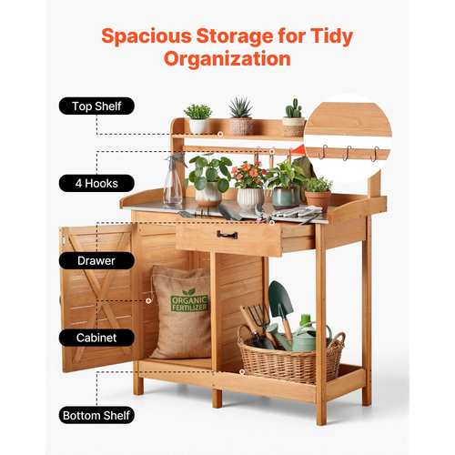 Πάγκος εργασίας VEVOR Potting, Εξωτερικός ξύλινος σταθμός εργασίας κηπουρικής με επιφάνεια από γαλβανισμένο σίδερο 112 x 46,5 cm, Σταθμός εργασίας κήπου με συρτάρι, ντουλάπι αποθήκευσης και ράφια, γάντζοι για βεράντα, πίσω αυλή