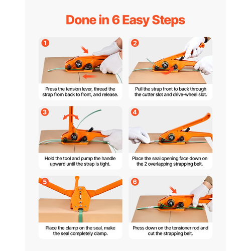 Κιτ δεσίματος ταινίας VEVOR, Εργαλείο σφράγισης ταινίας βαρέως τύπου με ταινία PET μήκους 305 m, 300 μεταλλικές σφραγίδες, Κιτ δεσίματος συσκευασίας παλέτας από πλαστικό χειροκίνητο για αποθήκη/αποστολή/μετακόμιση/σπίτι, πορτοκαλί