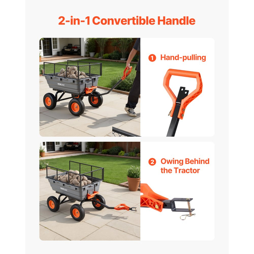 Καρότσι απορριμμάτων κήπου VEVOR, καρότσι πολυαιθυλενίου 544 kg, καρότσια κήπου, καρότσι απορριμμάτων με φράχτη αποθήκευσης, μετατρέψιμη λαβή 2 σε 1, μηχανισμός γρήγορης απορριμματοσυλλογής 90°, περιστρεφόμενοι τροχοί 180°, καρότσι κήπου για φυτά, χώμα