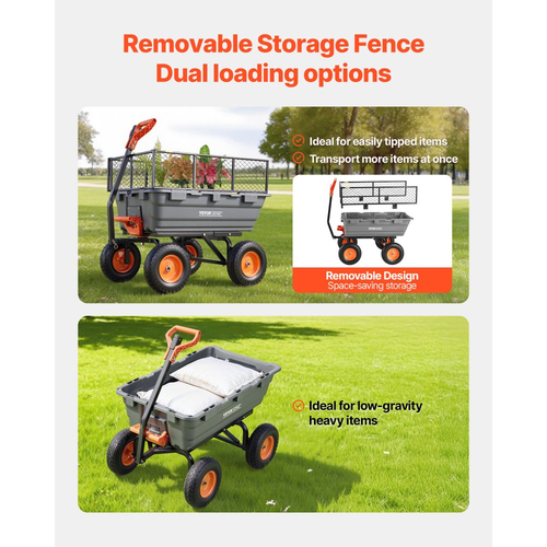 Καρότσι απορριμμάτων κήπου VEVOR, καρότσι πολυαιθυλενίου 544 kg, καρότσια κήπου, καρότσι απορριμμάτων με φράχτη αποθήκευσης, μετατρέψιμη λαβή 2 σε 1, μηχανισμός γρήγορης απορριμματοσυλλογής 90°, περιστρεφόμενοι τροχοί 180°, καρότσι κήπου για φυτά, χώμα