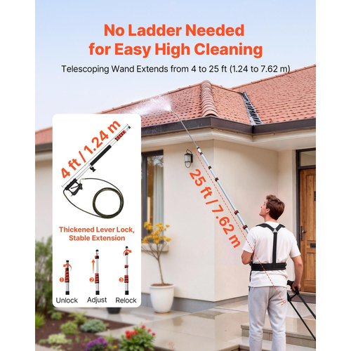 Τηλεσκοπική ράβδος πλυστικού υψηλής πίεσης VEVOR 7,62 m, με ράβδους επέκτασης και εύκαμπτο σωλήνα υψηλής πίεσης, κεφαλή βούρτσας, 7 ακροφύσια, προσαρμογέας εύκαμπτου σωλήνα, ιμάντα στήριξης, τσάντα αποθήκευσης, 4000 PSI για υψηλό καθαρισμό
