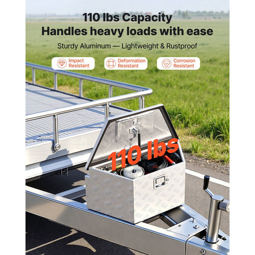 VEVOR Κουτί με Γλωσσίδα Τρέιλερ, Κουτί Εργαλείων Αλουμινίου με Γλωσσίδα Τρέιλερ 660 x 330 x 305 mm, Οργανωτής Αποθήκευσης Βαρέως Τύπου με Κλειδαριά & Κλειδιά, Θήκη Εργαλείων για Πλατφόρμα Pickup, RV, SUV, Όχημα Εκτός Δρόμου, Ασημί