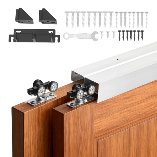 Κιτ εξαρτημάτων συρόμενης πόρτας παράκαμψης VEVOR, εξαρτήματα πόρτας παράκαμψης διπλής τροχιάς από κράμα αλουμινίου 1219 mm, ομαλή και αθόρυβη ολίσθηση, εύκολη εγκατάσταση, για σύστημα 2 πορτών πάχους 25 έως 45 mm και πλάτους 610 mm
