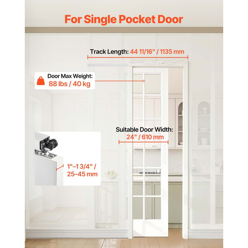 Κιτ ράγας συρόμενης πόρτας VEVOR με μηχανισμό απαλού κλεισίματος για ομαλή και αθόρυβη ολίσθηση, εύκολη εγκατάσταση, για πάχος 25 έως 45 mm, πλάτος 610 mm, μονής πόρτας