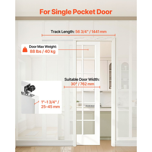 Κιτ ράγας συρόμενης πόρτας τσέπης VEVOR, Κιτ ράγας πόρτας τσέπης 1441 mm με μηχανισμό soft closing για ομαλή και αθόρυβη ολίσθηση, εύκολη εγκατάσταση, για πάχος 25 έως 45 mm και πλάτος 762 mm για μία πόρτα