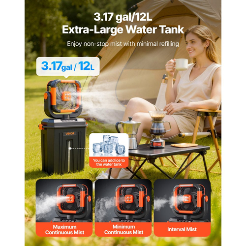 Ανεμιστήρας υδρονέφωσης VEVOR, Ανεμιστήρας υδρονέφωσης 2400RPM για κάμπινγκ με κινητήρα, Ανεμιστήρες Mister Cooling με δεξαμενή νερού 12L, Μπαταρία 20000mAh, 4 ταχύτητες ανέμου και 3 λειτουργίες φωτισμού, Ανεμιστήρες ψύξης νερού για εσωτερικούς, εξωτερικούς χώρους, βεράντες