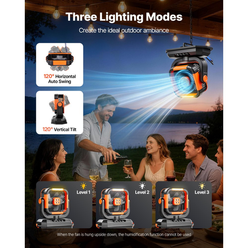 Ανεμιστήρας υδρονέφωσης VEVOR, Ανεμιστήρας υδρονέφωσης 2400RPM για κάμπινγκ με κινητήρα, Ανεμιστήρες Mister Cooling με δεξαμενή νερού 12L, Μπαταρία 20000mAh, 4 ταχύτητες ανέμου και 3 λειτουργίες φωτισμού, Ανεμιστήρες ψύξης νερού για εσωτερικούς, εξωτερικούς χώρους, βεράντες