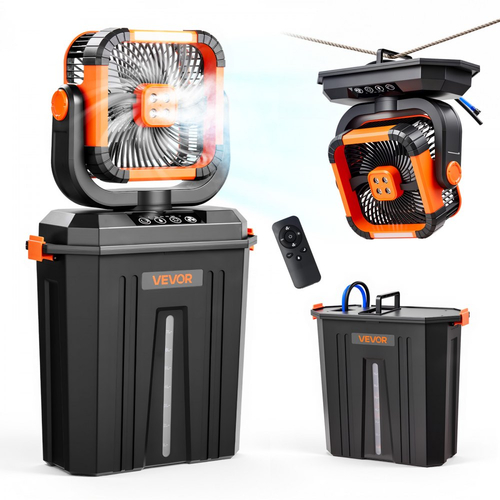 Ανεμιστήρας υδρονέφωσης VEVOR, Ανεμιστήρας υδρονέφωσης 2400RPM για κάμπινγκ με κινητήρα, Ανεμιστήρες Mister Cooling με δεξαμενή νερού 12L, Μπαταρία 20000mAh, 4 ταχύτητες ανέμου και 3 λειτουργίες φωτισμού, Ανεμιστήρες ψύξης νερού για εσωτερικούς, εξωτερικούς χώρους, βεράντες