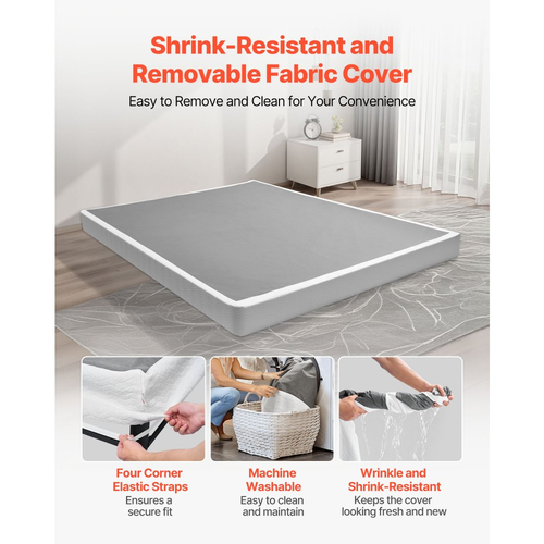 VEVOR Κουτί με ελατήρια, Πλαίσιο κρεβατιού Queen Size με πλενόμενο ύφασμα, Μεταλλικό πλαίσιο βαρέως τύπου για κρεβάτι Queen Size, Βάση στρώματος 130 mm, Μέγιστη χωρητικότητα βάρους 1587,57 kg, Εύκολη συναρμολόγηση, 2010 x 1515 x 130 mm